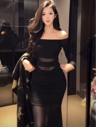 法式网纱透视一字肩连衣裙2025秋季新款御姐气质性感辣妹包臀裙