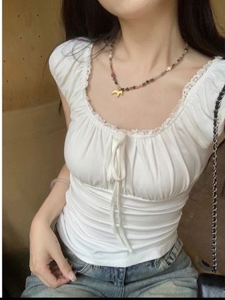 方领蕾丝边褶皱系带夏季韩版纯欲设计感短袖T恤上衣#牛仔裤 #显高显瘦 #夏季穿搭 #牛仔控 #今日穿搭