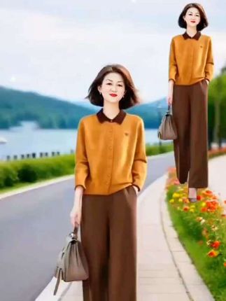 超好看穿搭针织衫撞色翻领上衣气质套装春秋长袖阔腿裤两件套#早秋穿搭 #时尚妈妈装 #撞色搭配 #减龄穿搭 #内容启发搜索