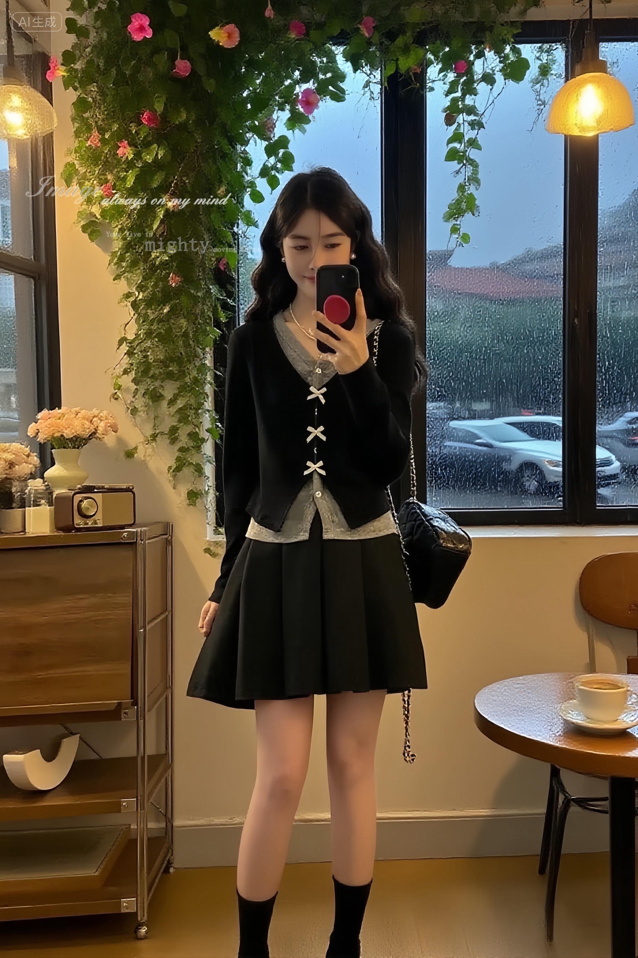 《黑裙与咖啡馆的静谧时光》 雨还在下,敲打着咖啡馆的玻璃窗,晕开一片片水痕。陈默穿着一身黑裙套装,站在窗边自拍。上衣的蝴蝶结装饰精致可爱,裙摆随着她的动作轻轻摆动。 她刚结束了一周的忙碌工作,特意选了这套简约又不失俏皮的衣服,来享受这难得的独处时光。点了一杯卡布奇诺,绵密的奶泡在灯光下泛着光泽。她看着窗外的雨景,又低头看看自己的穿搭,心情格外舒畅。手机里的照片定格下她此刻的模样,也定格下这咖啡馆里,属于她的静谧又美好的雨天时光。#时尚搭配服装 #裙装穿搭 #时尚气质穿搭 #穿搭不重样 #港风穿搭