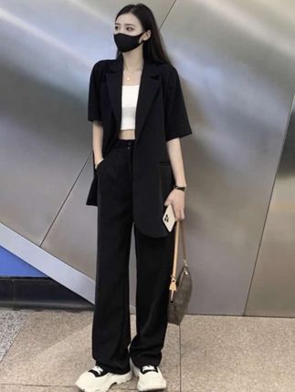 夏季西装外套女夏天薄款黑色显瘦短袖职业装大码休闲西服