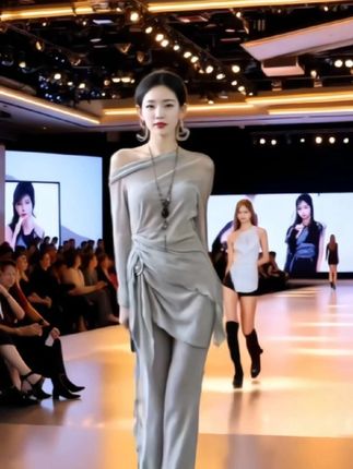 2025春夏季新款修身显瘦设计感斜肩上衣休闲宽松直筒长裤两件套#休闲宽松两件套#修身显瘦#时尚洋气#个性穿搭