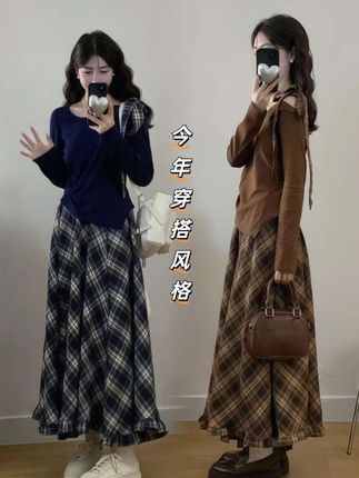 大码初秋露肩蝴蝶结长袖上衣+格子半身裙两件套裙女时尚套装#温柔穿搭 #韩系穿搭 @酉伯梦衣岛 @吴姐姐A7445+推荐老师杨