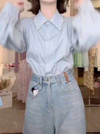 7449 W早秋高腰显瘦宽松裤子云蓝设计感阔腿牛仔裤女复古垂感#时尚百搭#气质显瘦
