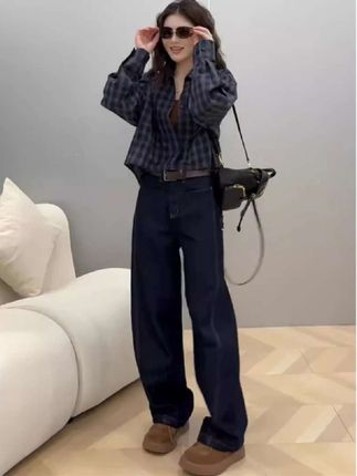 新款小众设计宽松格子衬衫牛仔裤盐系轻熟两件套 #盐系高级感穿搭 #春季套装#衬衫牛仔裤两件套#洋气减龄#春秋新款
