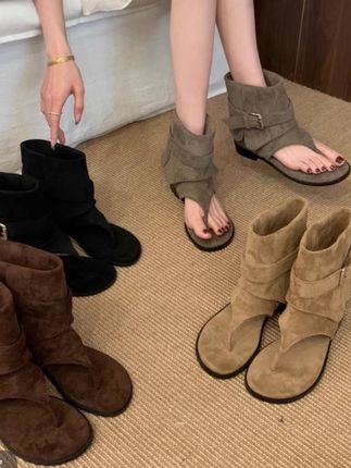 夹趾凉靴卡其色女靴子2025新款夏季配裙子西部靴夏天平底凉鞋外穿#夏季凉鞋 #卡其色 #凉鞋 #女鞋 #女鞋推荐