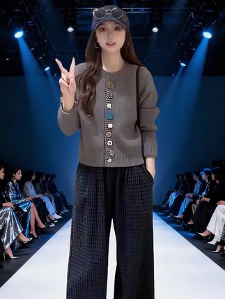 韩系氛围感穿搭今秋新款慵懒气质时尚毛衣休闲阔腿裤两件套 #秋季新款套装 #套装两件套 #时尚套装