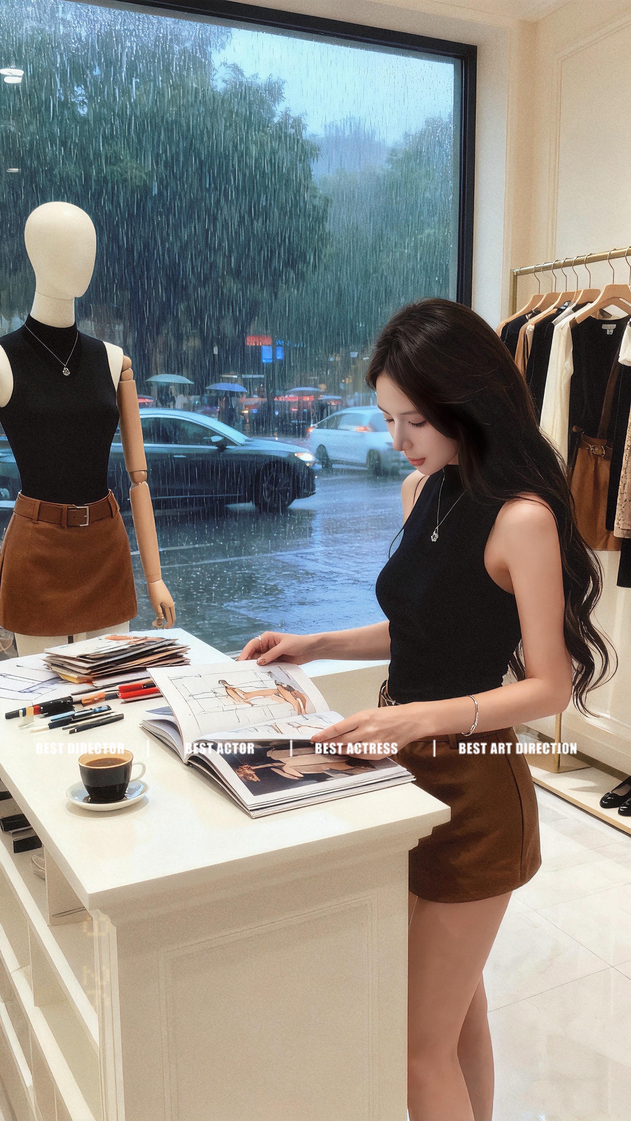 雨丝斜斜划过法式橱窗,苏晚推开“回声”女装店的玻璃门时,AI导购立刻亮起柔和光效。 她的目光先被假人身上的搭配勾住——黑色无袖高领上衣勾勒出利落线条,棕色皮质短裙配同色腰带,腰节处的剪裁像为身体量身计算过。转身时,试衣镜突然泛起涟漪,镜中自己竟已换上这套穿搭,项链与手链的光泽随动作流转,和假人身上的款式分毫不差。 “根据您的身形数据生成的最优适配款。”AI的声音混着咖啡香飘来。苏晚抬手抚过领口,镜外雨景模糊,镜内的穿搭却清晰得如同未来已来,连腰带的松紧都恰好贴合她的腰线。 #精致穿搭 #法式穿搭 #时髦穿搭 #气质范 #辣妹穿搭