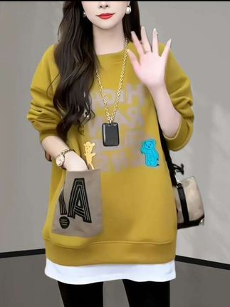 高含棉假两件中长款卫衣女2025年春秋季新款时尚宽松洋气#休闲上衣#显瘦减龄穿搭#加绒不加绒都有