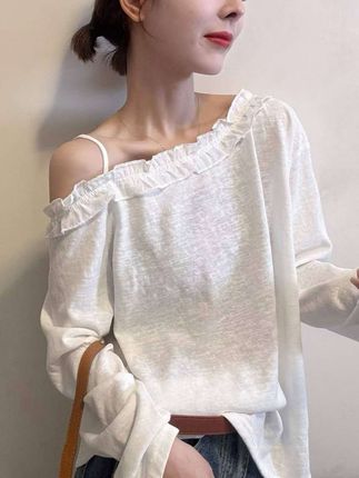 #欧洲站2025秋季甜美欧吊带斜肩木耳边一字领长袖纯色宽松T恤上衣#秋季新款 #时尚百搭T恤