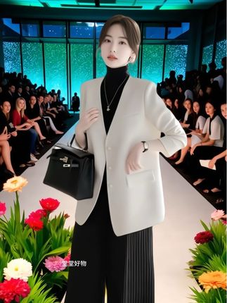 #秋冬穿搭 #时尚搭配 #时尚气质名媛风白色V领长袖西装外套#减龄气质 #穿出女人味