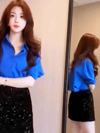 春夏网红上衣时尚长袖克莱因蓝衬衫女款外穿抖音旗舰高级感纯棉衬衣设计感#时尚搭配 #气场全开 #女神范 #又酷又飒 #,