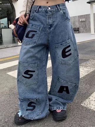 美式复古字母刺绣多口袋牛仔裤男女秋季新款宽松阔腿弯刀拖地长裤#牛仔裤穿搭 #牛仔裤 #潮牌穿搭 #百搭显瘦 #户外穿搭
