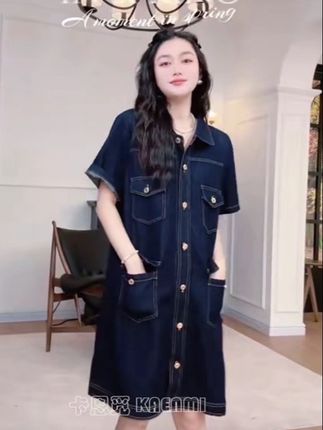 【不掉色】复古工装风短袖POLO领拼接高定版软牛仔连衣裙夏季薄新款#夏季穿搭 #百搭  #女生黑连衣裙 #生活是一种态度💋 #牛仔穿搭