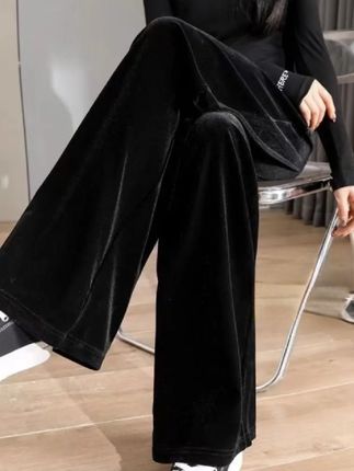 窄版丝绒阔腿裤女秋冬新款高腰休闲裤小个子加绒加厚直筒裤#时尚百搭休闲#丝绒阔腿裤#休闲裤#直筒裤