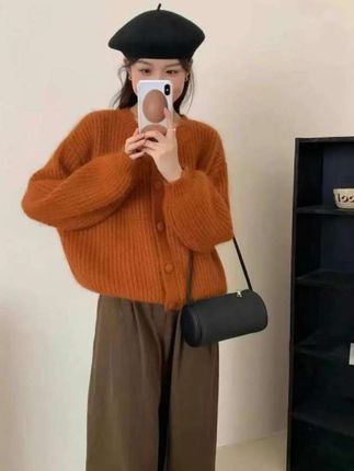 秋冬新款 混纺韩系宽松减龄 加厚软糯灯笼袖针织衫 毛衣开衫外套