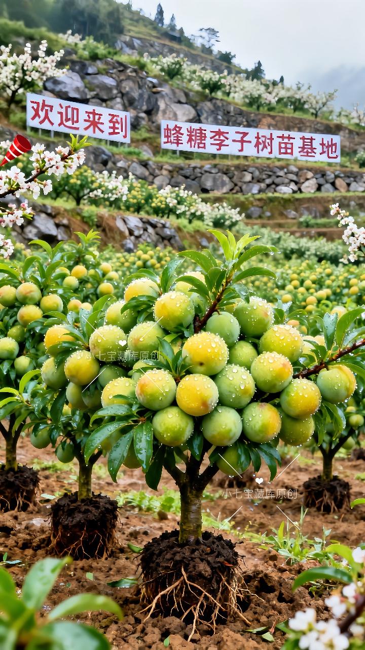 蜂糖李子树苗。对土壤不挑,沙质土、黏性土只要排水好都能长,南北方的气候它都适应。日常不用费太多心,抗病虫害能力不错,定期修修枝、浇浇水,就能等着结果。基地直供的苗,成活率很可观。 #果园种植 #硕果累累 #果园果农 #基地直发 #果苗