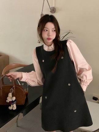 法式重工花朵装饰无袖连衣裙+韩系娃娃领衬衫套装#学院风穿搭 #通勤小众上衣 #藏肉显瘦穿搭 #显瘦搭配 #韩系穿搭