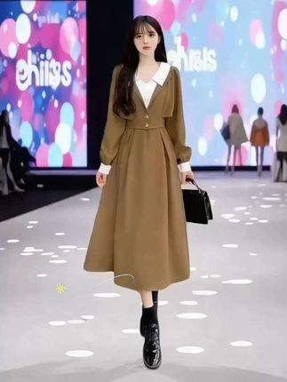 #新款法式连衣裙#收腰显瘦假两件连衣裙