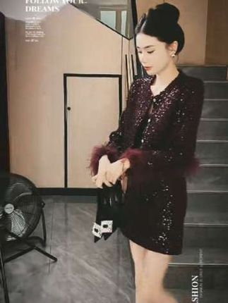 时尚小香气质名媛套装女秋季新款羽毛拼接洋气外套百搭短裙两件套