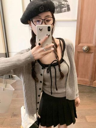 2025春秋新款毛衣外套温柔风显瘦吊带背心针织衫上衣两件套长袖@DOU+小助手