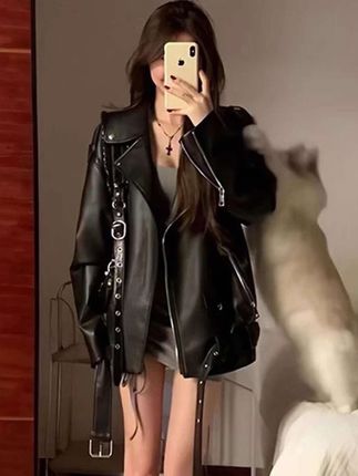 美式辣妹黑色皮衣夹克外套女春秋季宽松高级感炸街机车服上衣潮#美式穿搭 #辣妹风 #夹克外套 #皮衣女 #高级感
