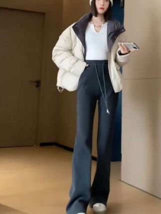 2025秋冬加绒灰色卫裤女宽松显瘦休闲直筒阔腿裤加厚运动拖地长裤#裤子 #穿搭分享 #穿搭 #休闲裤 #穿搭分享