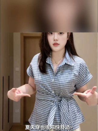 大码胖mm设计感镶钻Polo领短袖衬衫女夏季不规则显瘦系带格子上衣