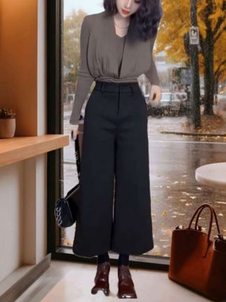 新款时尚九分毛呢阔腿裤子女秋冬 高腰小个子休闲直筒裤!#穿搭女装 #日常穿搭 #穿搭搭配 #穿搭穿搭 #穿搭