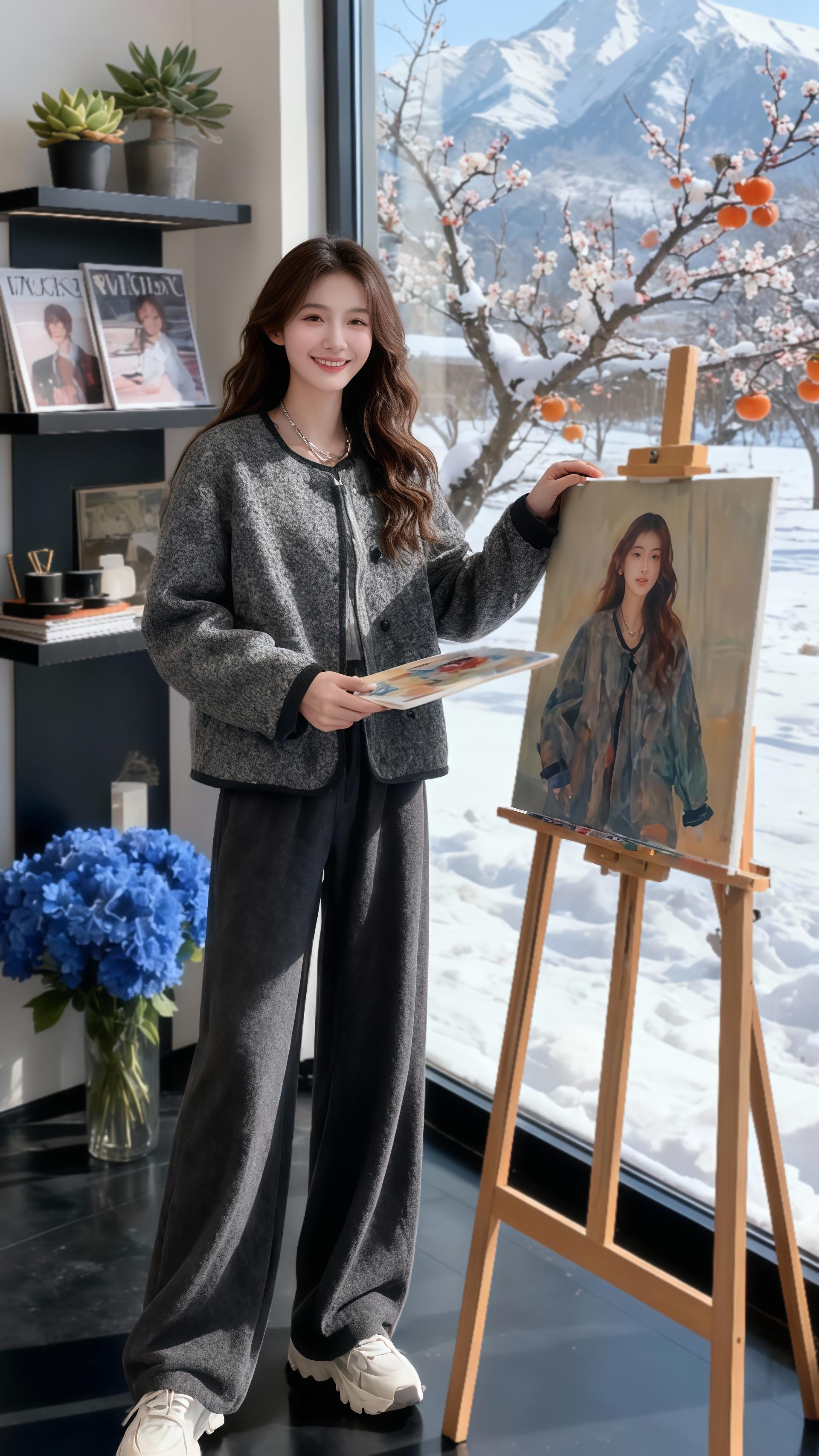 在冬日雪境与艺术空间的交织里,梅西的灰色毛呢套装演绎着别样风情。画室中,她执画板与自画像呼应,毛呢的质感衬得文艺感满格;雪地间,她捧梅枝浅笑,灰调穿搭在粉花白雪间更显雅致;与雪人嬉戏时,毛绒耳罩一戴,又多了几分灵动俏皮。从室内艺术氛围到户外皑皑雪原,这套穿搭既有毛呢的温暖质感,又有阔型设计的随性松弛,将冬日的浪漫与活力巧妙糅合,这般能hold住多重场景的冬日穿搭,属实让人一眼种草。 #穿搭 #秋冬穿搭 #韩系穿搭 #小个子穿搭 #冬季穿搭