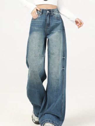 美式扎花设计感阔腿牛仔裤女春秋2025新款宽松显瘦垂感直筒休闲裤