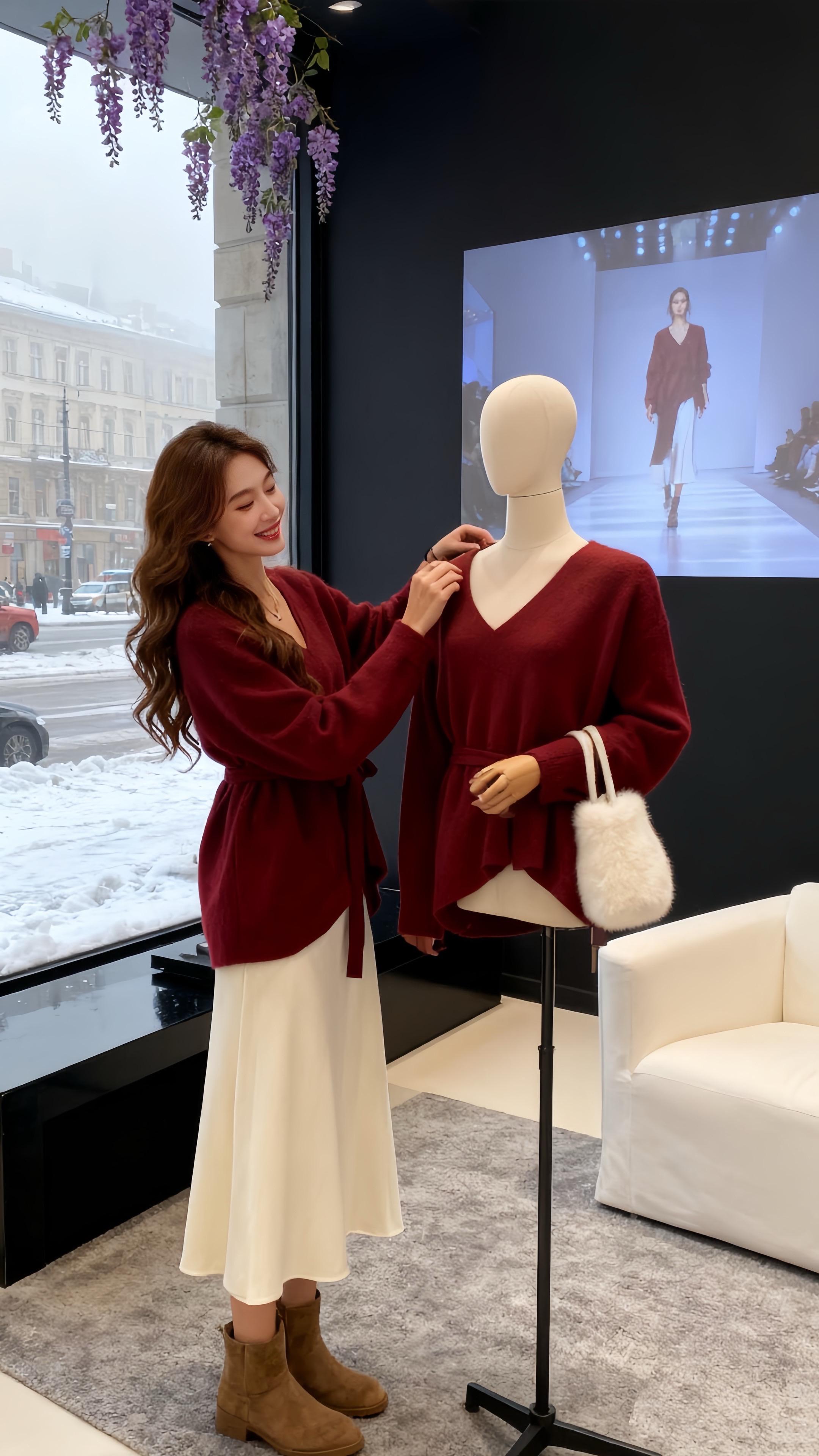 周末,小敏要去见许久没联系的高中同学。她翻箱倒柜,最后选中了这件酒红色系带毛衣和白色长裙。 这毛衣是去年冬天妈妈给她织的,当时妈妈一边织一边念叨“这颜色显气色,你穿上肯定精神”。裙子是闺蜜送的,说“配你的毛衣绝了”。小敏挎上白色毛毛包,对着镜子笑了笑,觉得自己既温暖又好看,想着待会儿同学看到肯定会夸,心里美滋滋地出门了。#韩系穿搭 #温柔风穿搭 #甜美穿搭 #时尚女装