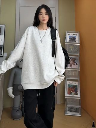 花灰色美式重磅圆领卫衣男春秋无帽内搭硬挺长袖t恤加绒厚打底衫#圆领卫衣#卫衣穿搭 #圆领打底衫 #长袖打底衫 #圆领打底衫