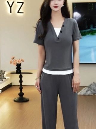 夏季新款假两件短袖上衣休闲运动阔腿裤两件套#夏季穿搭 #黑色高级感穿搭 #时尚穿搭 #显高显瘦 #polo衫