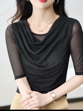 气质显瘦堆堆领t恤小衫五分袖网纱上衣女夏时尚修身 #女装 #时尚修身#堆堆领上衣#网纱