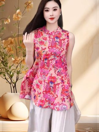 新中式国风时尚潮流印花上衣阔腿裤套装 #气质女神穿搭 #减龄显瘦穿搭 #新中式国风 #夏季新款套装#时尚女装穿搭