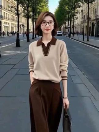气质撞色针织衫设计感百搭半身套装#春秋穿搭 #谁穿谁好看特别有女人味 @DOU+上热门