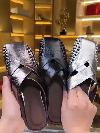 【有运费险】真皮简约包头半拖鞋女外穿时尚百搭编织镂空凉拖鞋#视频同款