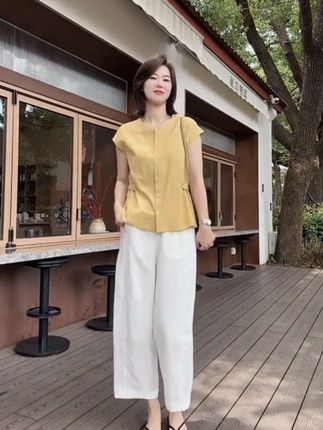 夏季韩版温婉大方时尚穿搭设计感收腰显瘦衬衫短袖+休闲裤两件套#时尚减龄套装