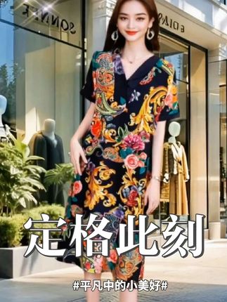 洋气妈妈V领印花连衣裙#谁穿谁漂亮 #穿出自信穿出美丽 #优雅气质 #高端大气 #高贵优雅