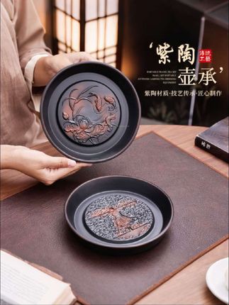 云南紫陶壶承陶瓷壶托中式手工雕刻干泡盘壶垫家用储水式茶道配件#茶器茶具 #壶承 #壶承紫陶养壶茶托