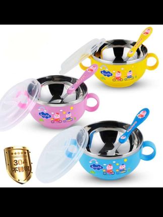 儿童不锈钢双层隔热防摔碗,带盖配勺,卡通造型,吃饭好帮手!