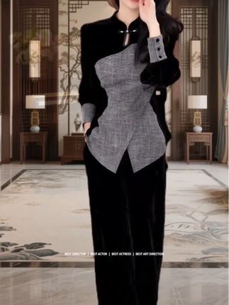时尚高级感丝绒裤套装女2025秋季新款韩系拼接设计收腰上衣+裤子