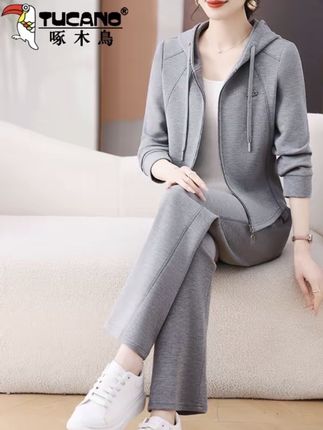 啄木鸟连帽开衫卫衣运动服套装女春秋新款洋气妈妈春装两件套