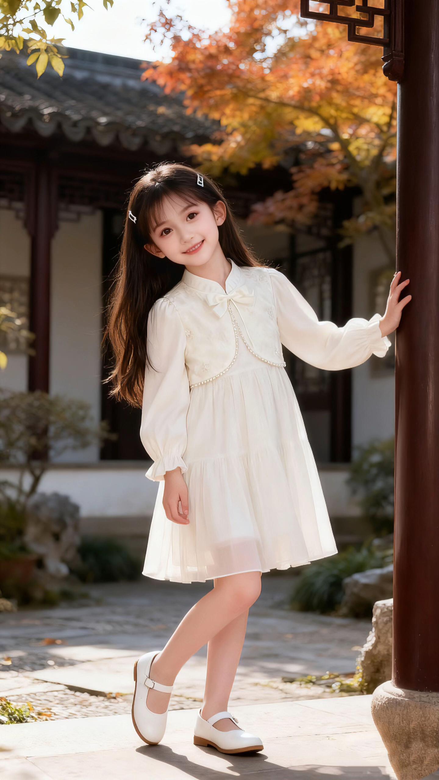 💫【国风少女的秋日仙裙】💫。是谁家的小公主把江南秋意穿在身上了?! 这款国风改良连衣裙也太绝了吧✨ 立领+蝴蝶结设计,中式优雅感拉满~ 珍珠边点缀+温柔雪纺裙身,转个圈都像在发光! 搭配小皮鞋,不管是逛园林还是参加派对,都被夸“气质小淑女”! 家里有女娃的快冲,让女儿穿上秒变国风小仙童,出街回头率直接拉满💥 #女童穿搭 #国风童装 #秋日穿搭 #骗你生女儿 #预制国庆出游穿搭