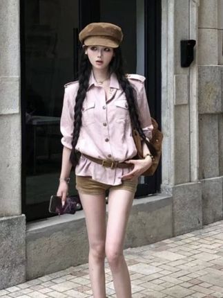 粉色Polo领肩章长袖衬衫女秋季上衣#秋季穿搭#长袖上衣#衬衫女#休闲穿搭#百搭衬衫女