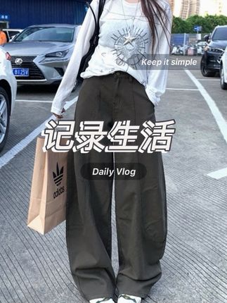 美式复古弯刀阔腿裤女2025年秋季新款高腰宽松显瘦休闲拖地长裤#高级感穿搭 #显高显瘦 #裤子穿搭 #显瘦裤子 #简约穿搭