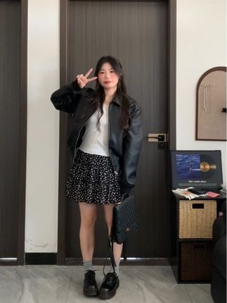 #早秋穿搭 #韩系穿搭 #碎花裙 #皮衣外套 #小个子穿搭