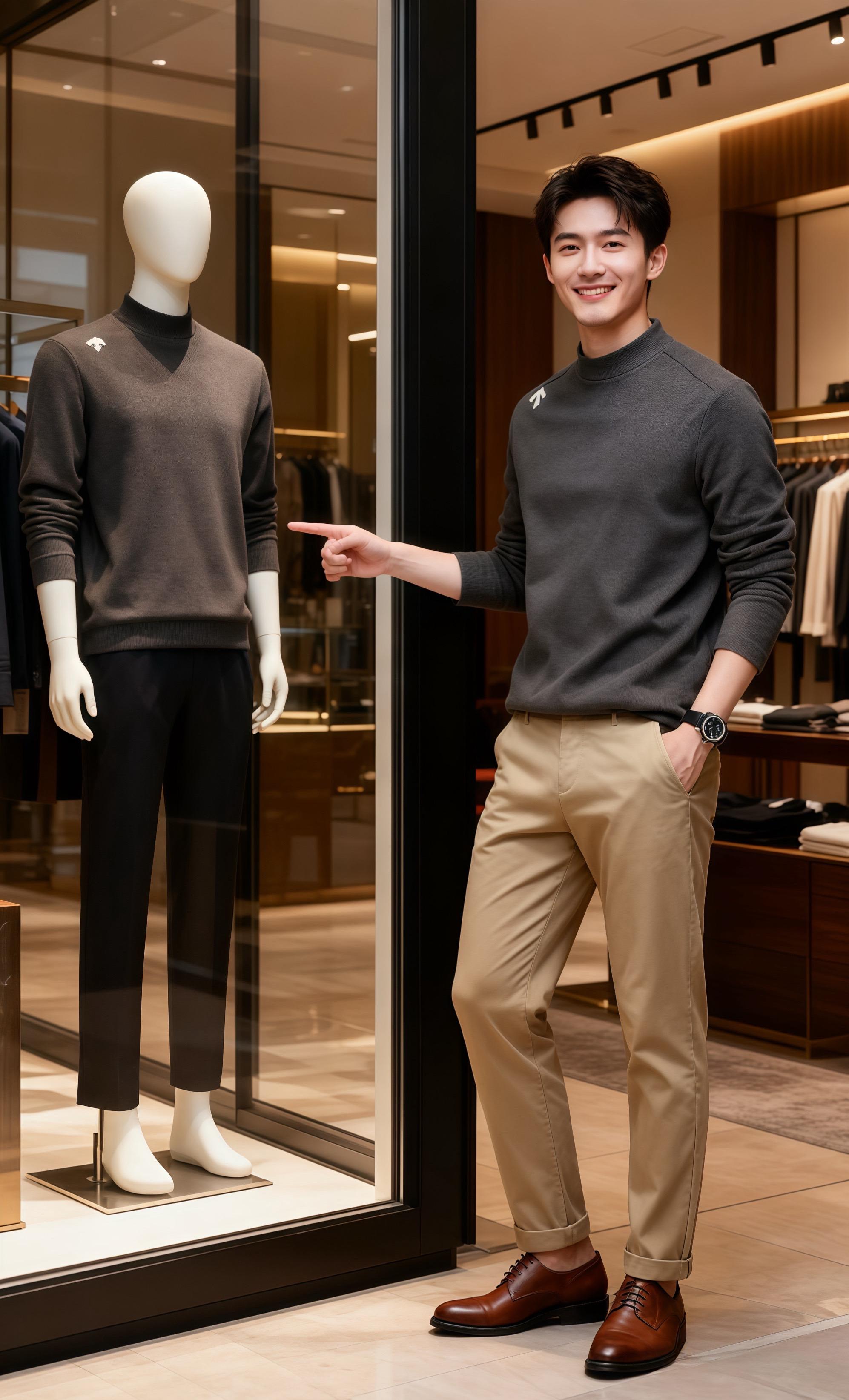 林屿的气质穿搭。初雪簌簌落在落地窗上,将窗外的街景晕染成一片朦胧的白。林屿站在工作室的飘窗旁,深灰色高领卫衣的质感在暖光里愈发柔和,卡其色长裤衬得身形利落挺拔。他指尖不经意掠过肩头的品牌标识,抬眼时,笑意落进眼底——  “今年的初雪,和这件‘暖调’系列太衬了。”  工作室里,艺术感摆件在柔光下泛着温润光泽,中古皮箱与极简画框相映成趣。林屿转身走向陈列架,指尖抚过羊绒面料的纹理,轻声道:“就像把初冬的温柔,都织进了针脚里……”  窗外雪片旋转,室内暖意氤氲。他对着落地镜理了理衣领,笑意更盛:“等会儿去街角咖啡馆,这件的温度,刚好配一杯热拿铁。#穿搭 #高级