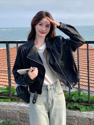 秋季现货!休闲宽松显瘦时尚短款洋气百搭小皮衣.#森系少女感穿搭 #高级感穿搭 #夹克外套 #皮衣搭配 #女装穿搭